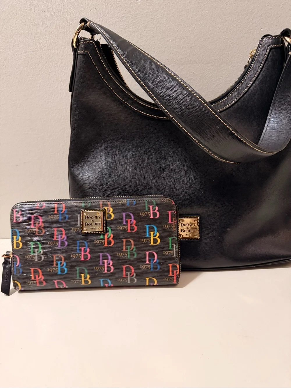 Dooney & Bourke Black Leather Shoulder Bag with Multicolor Logo Wallet